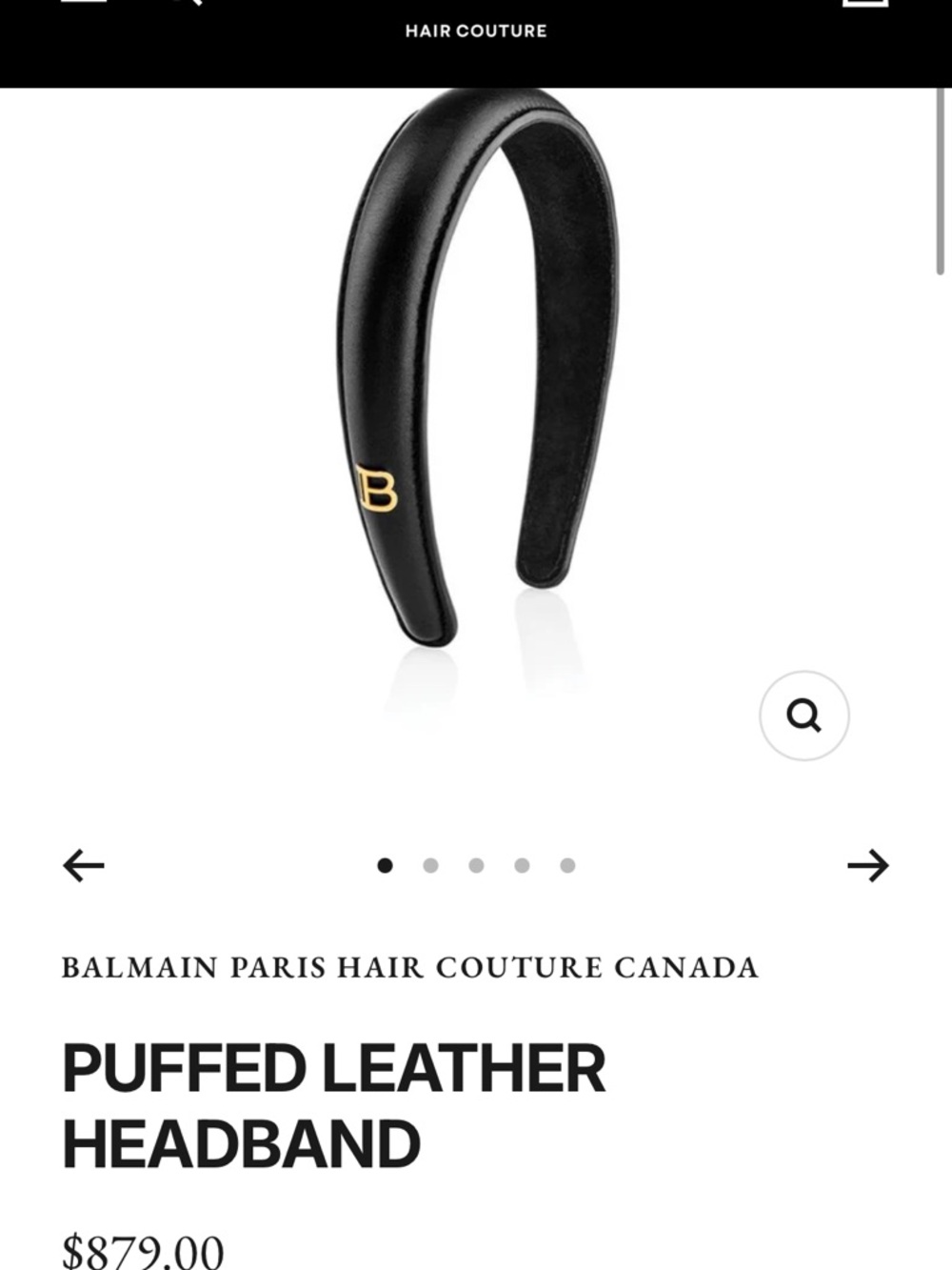 Balmain Black Puffed Leather Headband with Gold 'B'